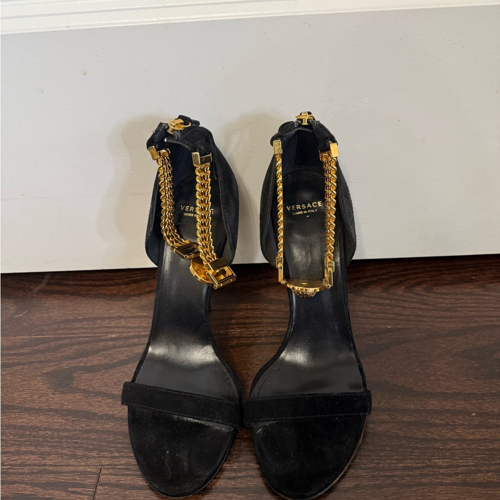 Versace Black and Gold Stiletto Heels with Chain Detail
